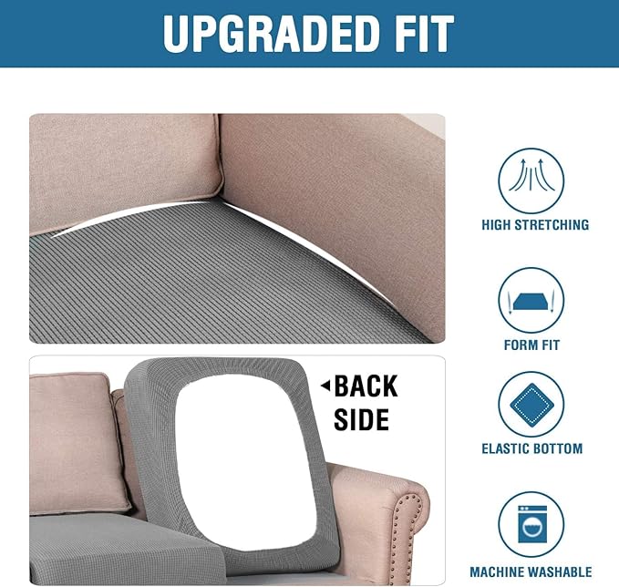 H.VERSAILTEX Super Stretch Individual Seat Cushion Covers - 3 Piece Sofa Cushion Covers in Dove, Thick Jacquard Textured Twill Fabric