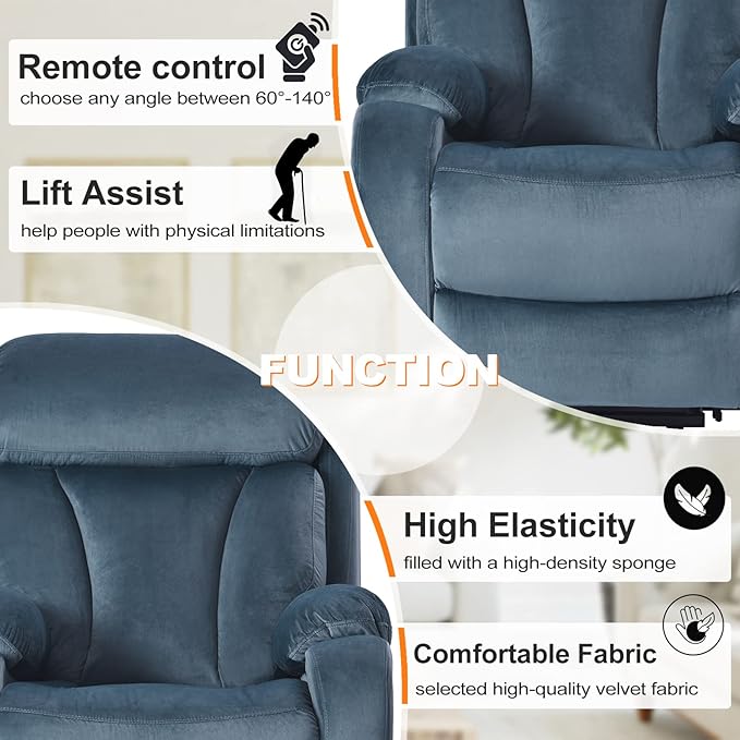 Power Lift Chair Recliners for Elderly, Modern Adult Power Lift Recliner, Velvet Upholstery Electric Lift Chair Recliner with Remote Side Pocket for Living Room(Navy Blue)