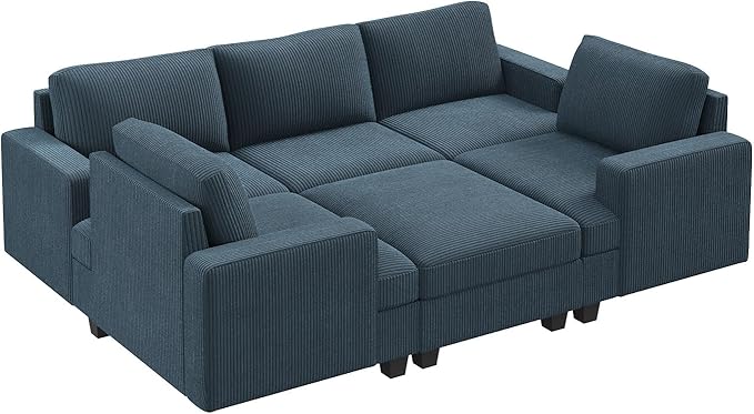Nolany Modular Sectional Couch with Storage Ottoman, Corduroy Sleeper Sectional Sofa with Chaise, Sectional Couches for Living Room, Blue