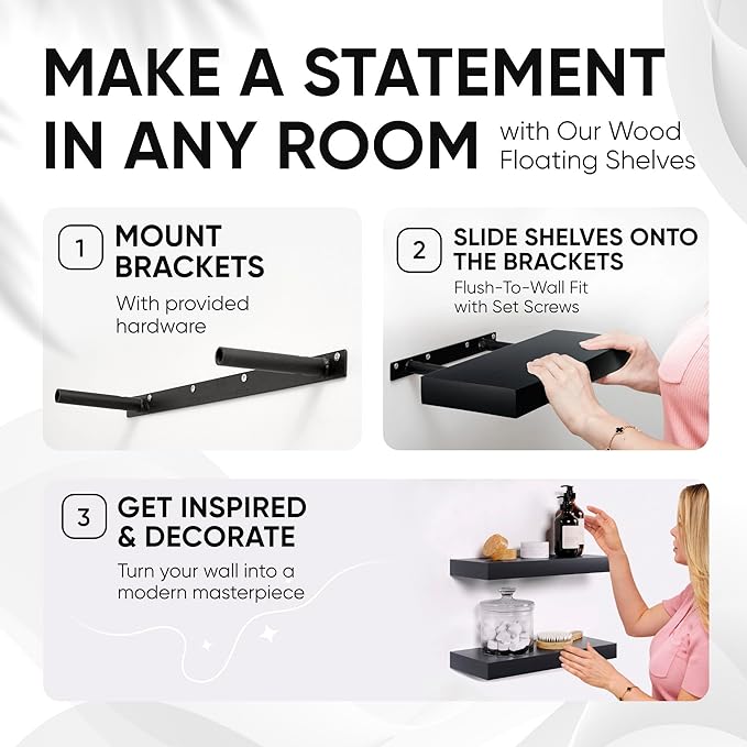 Homeforia Floating Shelf Black 12 inch, High End Solid Real Wood Small 12inch Floating Shelves for Wall Mounted, Black Wooden 12 in Floating Shelves, Heavy Duty Bracket, 12 X 6.5 X 1.75 inch, Set of 4