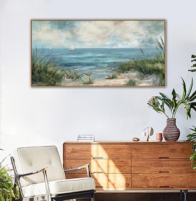Sea Beach Framed Canvas Wall Art Vintage Seascape Canvas Prints Wall Decor Ocean Sailboat Seagull Canvas Pictures Beach Bird Reed Canvas Painting Artwork Living Room Bedroom Decoration 29" X 58"