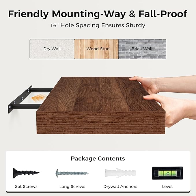 Floating Shelves 36 Inch Long, 12 Inch Deep Floating Shelves for Wall, 36 x 12 Shelves for Wall Storage & Display, 2" Thick Floating Shelf for Bathroom, Living Room, Bedroom, Walnut Color, Set of 2