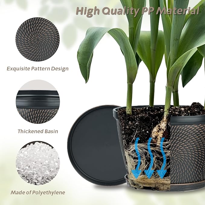 Quarut 4 Pack 6 Inch Flower Pots for Outdoor Indoor, Plastic Plant Pots with Drainage Hole & Saucer, Lightweight Small Flower Pot, Circle Pattern Planters for Garden House planters(Black Copper)