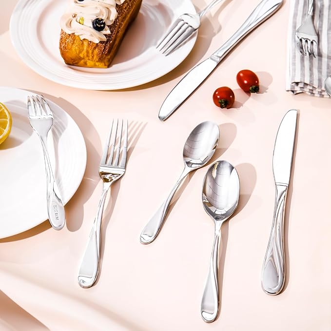 HIKAA Wave Design Silverware Set Service for 12, 60-Piece Artistic Stainless Steel Flatware Set with Fibonacci Pattern, Heavy Duty Mirror Polished Cutlery Set