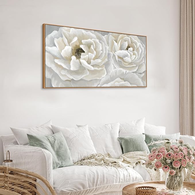 arteWOODS Cream White Flowers Framed Wall Art - Soft Peony Pictures for Wall Decor Elegant Blossom Flower Painting Artwork Botanical Prints for Living Room Home Office Wall Decoration 20" x 40"