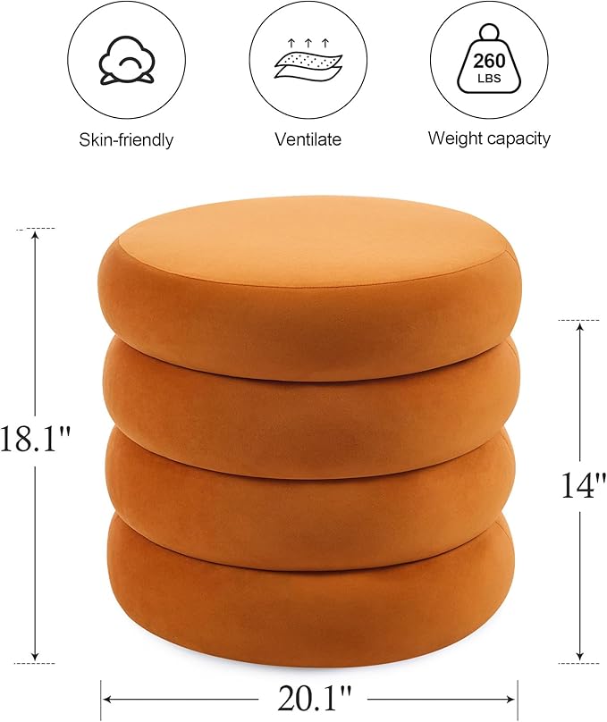 ONEVOG Round Storage Ottoman, 20" Small Ottomans Table with Removable Lid, Velvet Fabric Soft Footrest Stools for Couch, Upholstered Stuffed Circle Seat for Living Room/Bedroom/Dorm/Vanity, Orange