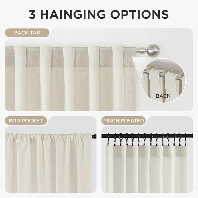 Joydeco Linen Curtains 84 Inch Length 2 Panels,Light Filtering Drapes 52 Inches Wide with Back Tab Rod Pockets (84" L x 52" W, Ivory on Linen)