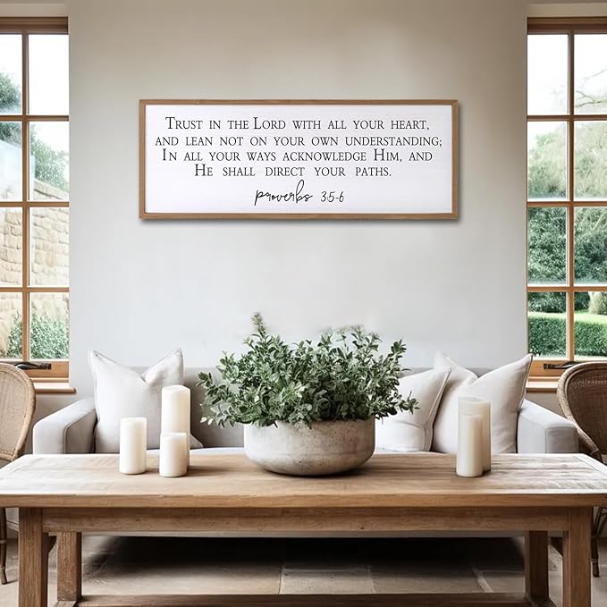 Trust in the Lord With All Thine Heart Wall Decor Art Bible Verse Sign Proverbs 3:5-6 Framed Wood 32X12 Inch For Scripture Christian Hanging (Wood)