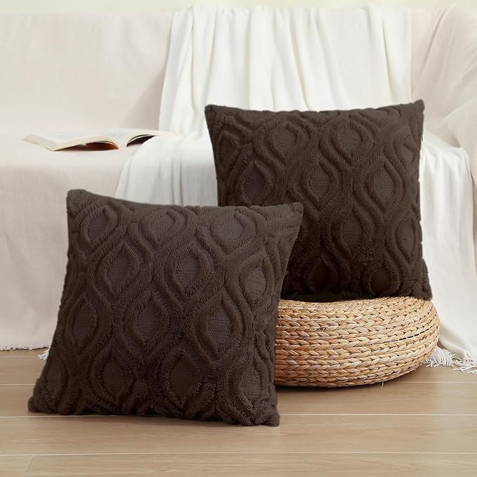 decorUhome Throw Pillow Covers 24x24 Inch Set of 2, Soft Plush Decorative Faux Fur Dark Brown Solid Couch Pillow Covers, Accent Farmhouse Neutral Square Euro Pillow Cases for Sofa Bed Living Room