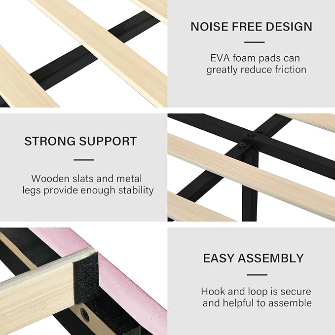 King Size Bed Frame with Headboard, Velvet Upholstered Platform Bed with Vertical Channel Tufted Design, No Box Spring Required, Easy Assembly, Pink