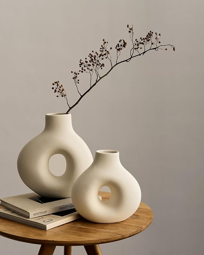 NOBULA White Ceramic Donut Vases โ Modern Home Decor for Living Room, Bedroom & Table Centerpiece - Minimalist Nordic โ Unique Vases for Olive Plant & Flowers โ Decorative Coffee Table Vase Set of 2
