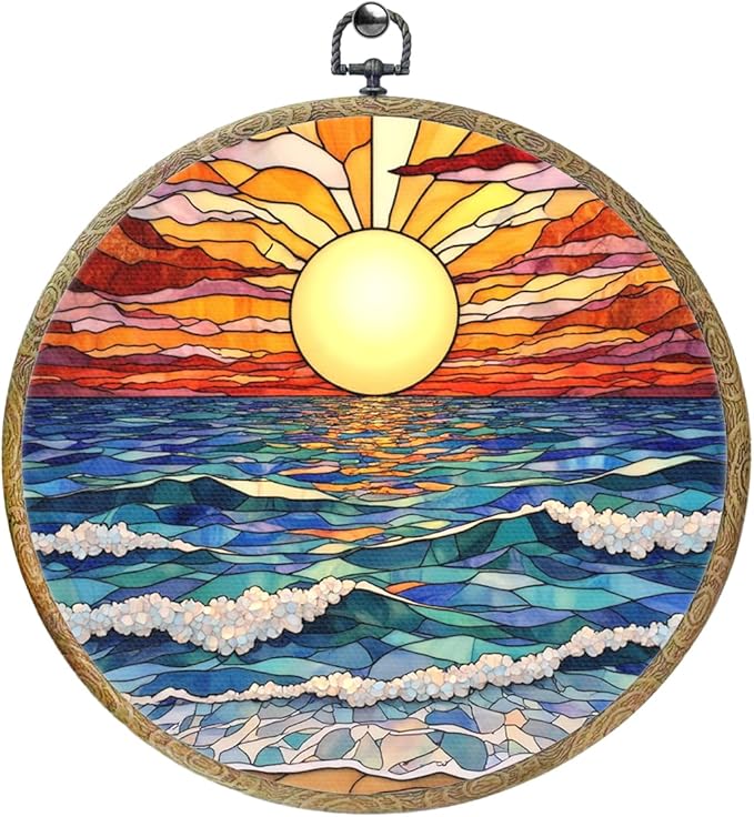 Colorful Boho Waves on The Beach Sunset Gifts for Sunset Lovers Framed Round Wall Decor Canvas Wall Art Hanging Prints Artwork for Home Nursery Bathroom Bedroom Living Room Decorations 10.2X10.2 Inch