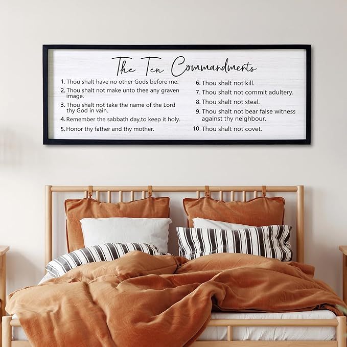 The Ten Commandments Rustic Bible Verse Framed Wall Art, 40''×15'' Positive Religious Christian Saying Sign for God Jesus Christ Prayer, Vintage Horizontal Holy Inspirational Catholic Scripture Decor