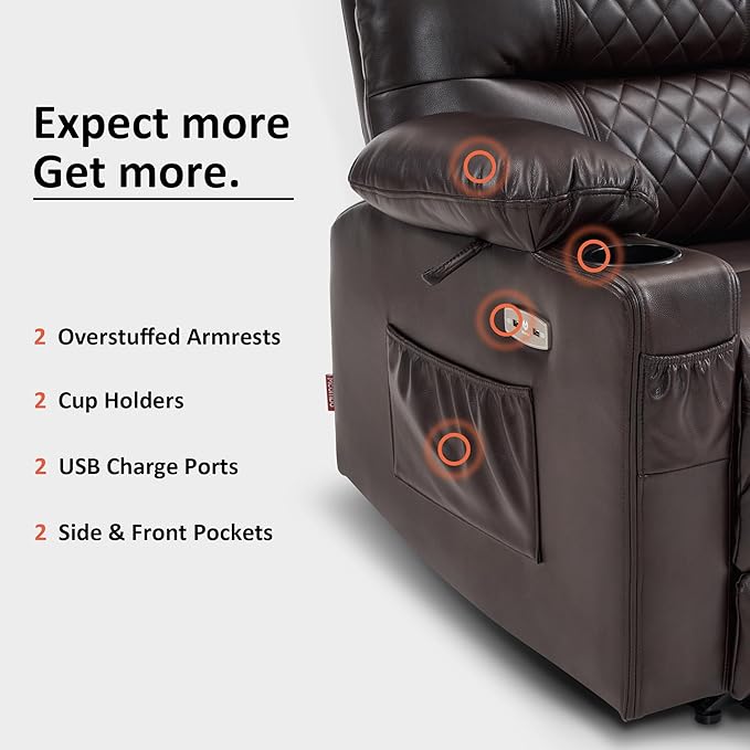 MCombo Zero Gravity Power Recliner Chair with Heat and Vibration Massage, Reclining Chair with USB Ports, Cup Holders for Living Room, Faux Leather PR621 (Brown)