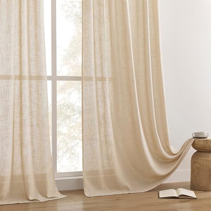 Joydeco Linen Curtains 90 Inch Length 2 Panel Sets,Light Filtering Curtains for Bedroom 52 Inch Wide Living Room Drapes with Back Tabs & Rod Pockets (W52 x L90 Inch, Ecru)