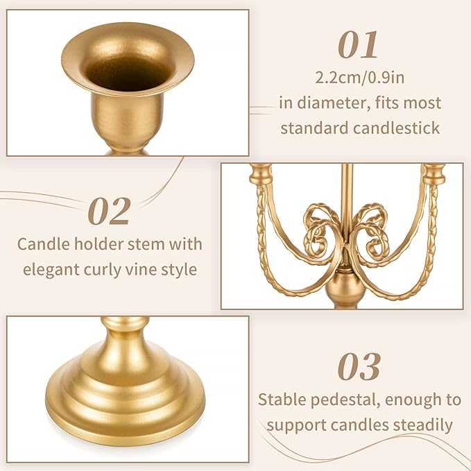 Sziqiqi Candelabra Candle Holder Gold Set of 6-5-arm Metal Candlestick Holders for Taper Candles for Centerpieces Table Wedding Christmas Fireplace Decor Birthday