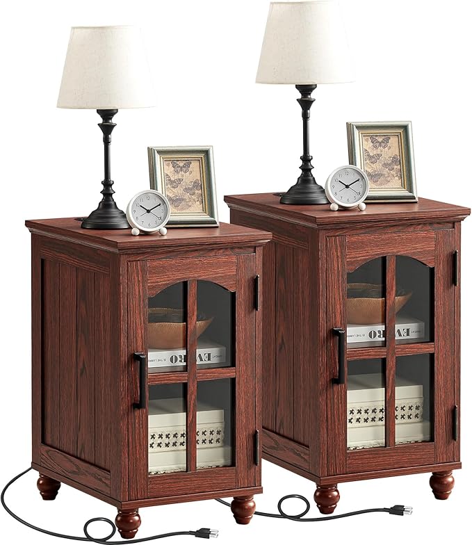 Narrow Side Table Set of 2,Farmhouse Nightstand with Charging Station,End Table with Glass Barn Door Storage, Cabinet Organizer with Adjustable Shelf, Night Stand for Small Spaces Living Room Bedroom