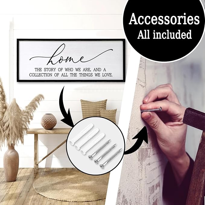 Home The Story of Who We Are Sign Farmhouse Family Wall Decor 32x12 Inch Plaque Wood Framed Art for Hanging (Black)