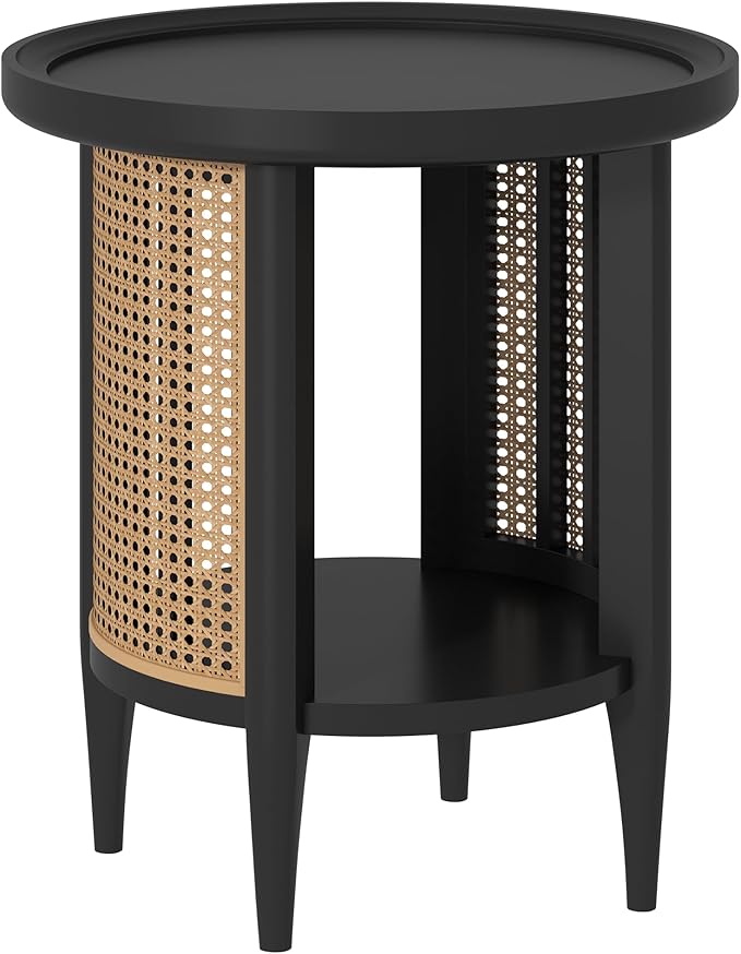 Yusong Round End Table Rattan Side Table with Solid Wood Legs, Boho Style Nightstand Bedside Table with 2-Tier Shelves, Small Coffee Table for Living Room Bedroom Small Spaces Black