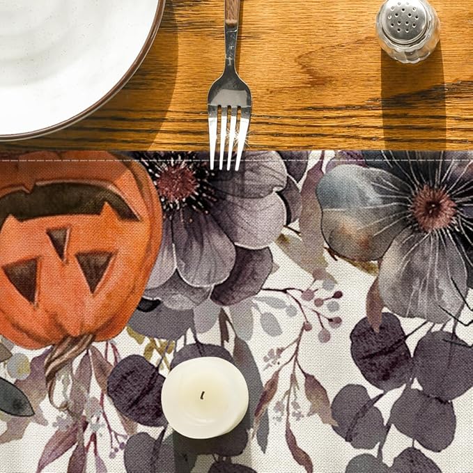 Artoid Mode Jack-O'-Lantern Pumpkin Floral Ghost Halloween Table Runner, Eucalyptus Kitchen Dining Table Decoration for Home Party Decor 13x120 Inch