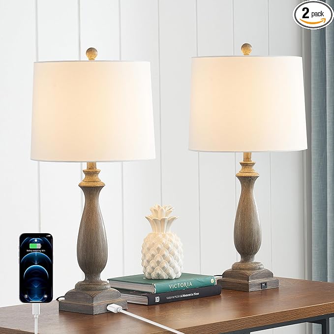 ππ-ππππ Rustic Table Lamp Set of 2 for Living Room, Vintage Farmhouse Bedside Lamp with USB Charging Port, 3 Way Dimmable Resin Nightstand Lamps with White Shade for Bedroom, End Table