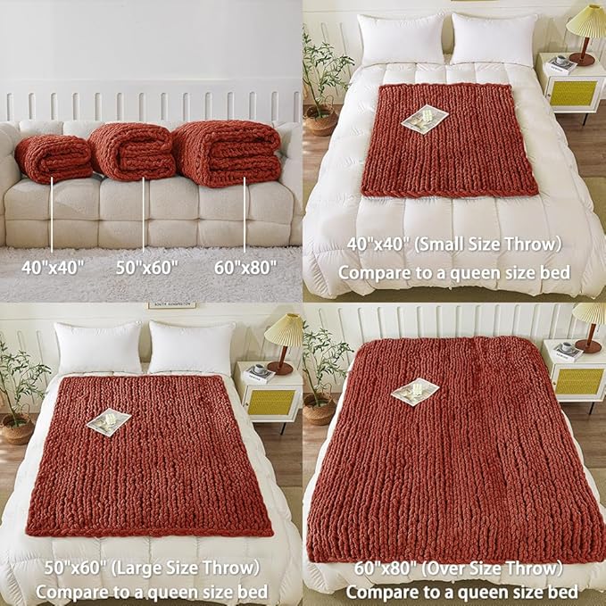 WESHIONGOO Chunky Knit Blanket Throw 40"*40“ Knitted Throw Blankets for Couch Bed Fluffy Soft Blanket with Jumbo Chenille Yarn Thick 100% Handmade(Rust)