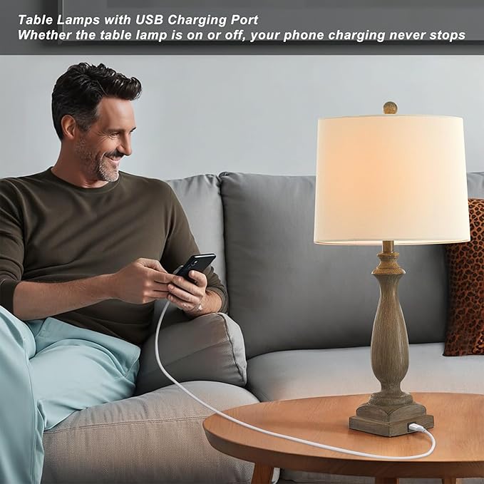 ππ-ππππ Rustic Table Lamp Set of 2 for Living Room, Vintage Farmhouse Bedside Lamp with USB Charging Port, 3 Way Dimmable Resin Nightstand Lamps with White Shade for Bedroom, End Table
