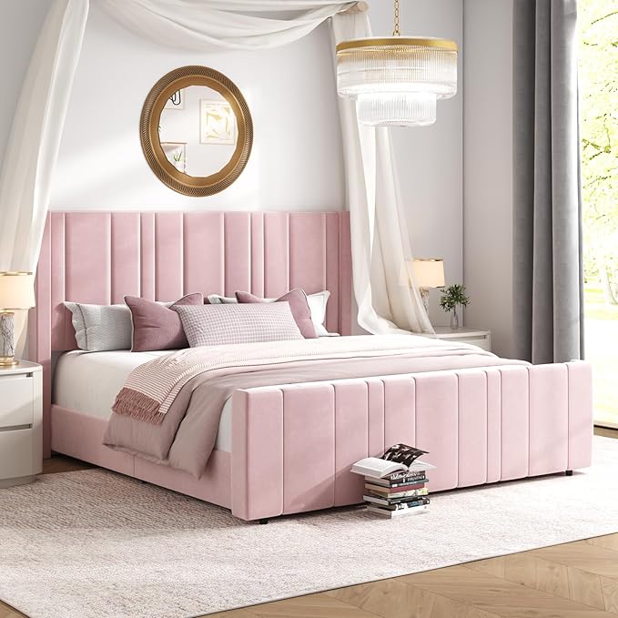 HOMBCK King Size Bed Frame and Headboard, Upholstered Bed with Vertical Channel Tufted Headboard & Footboard, Wooden Slats/Noise Free/No Box Spring Needed/Easy Assembly, Pink