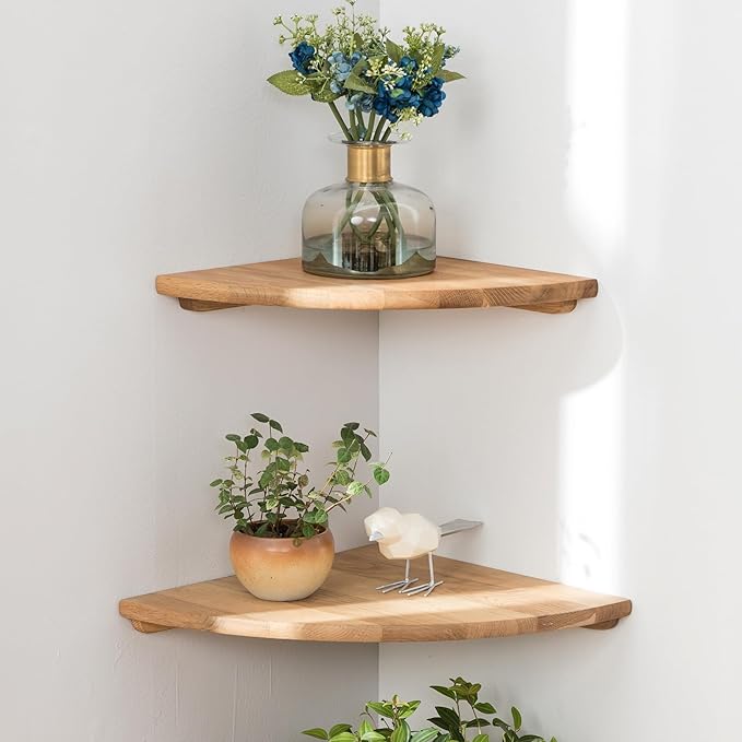 Corner Shelves, Floating Corner Shelf, Set of 2 7inch Solid Oak Wood Wall Shelves, Round End Wall Mount with Wire Hole Shelving for Small Plant for Bedroom Kitchen, Living Room