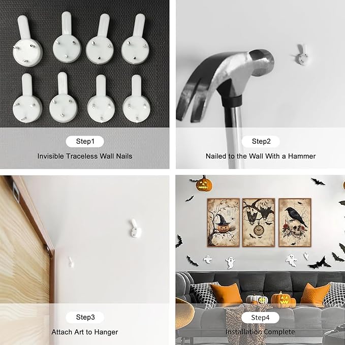 HLNIUC Vintage Halloween Decor Framed Gothic Skull Wall Art Set of 3(16”x24”) Floral Raven Crow Wall Decor,Horror Pumpkin Dark Academia Canvas Painting bats prints for Living Room Bedroom Goth Party