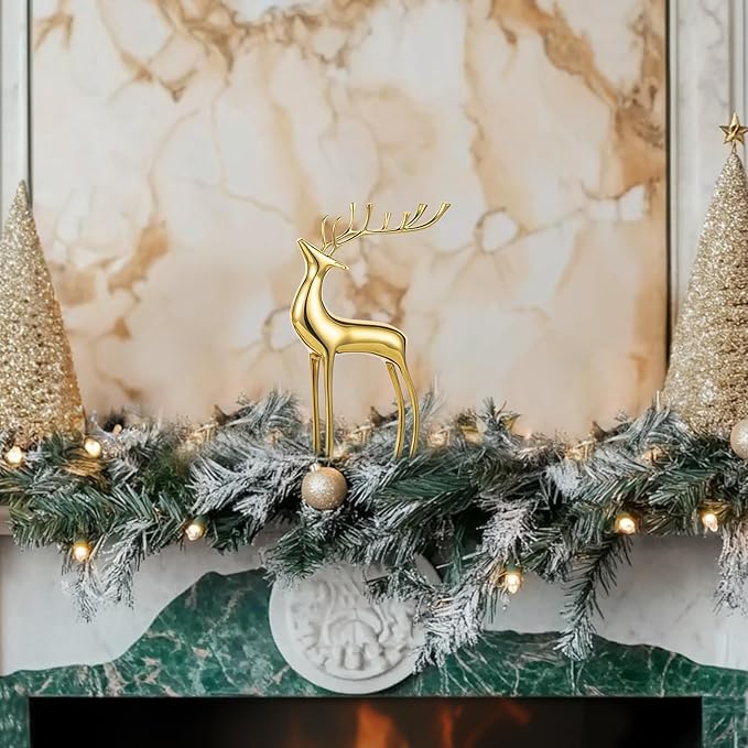 Sziqiqi Reindeer Sculpture for Christmas Table Centerpieces - Gold Brass Deer Antler Statue Decor Metal Elk Figurine Modern Stag Sculpture for Christmas Decorations Indoor Animal Rein Deer Ornaments