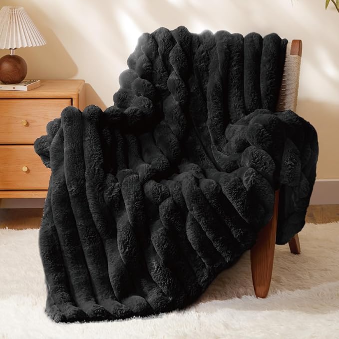 BEDELITE Faux Fur Throw Blanket for Couch, Soft and Cozy Luxurious 3D Striped Fluffy Blanket, 770GSM Thick Warm Plush Fuzzy Faux Rabbit Fur Blanket for Women Gift (Black, 50"x 60")