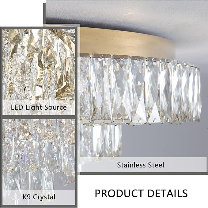 Modern Crystal Chandeliers for Dining Room LED Light Fixture Close to Ceiling Chandelier Flush Mount Ceiling Light Dimmable Lamp with Remote for Living Room Bedroom Hallway