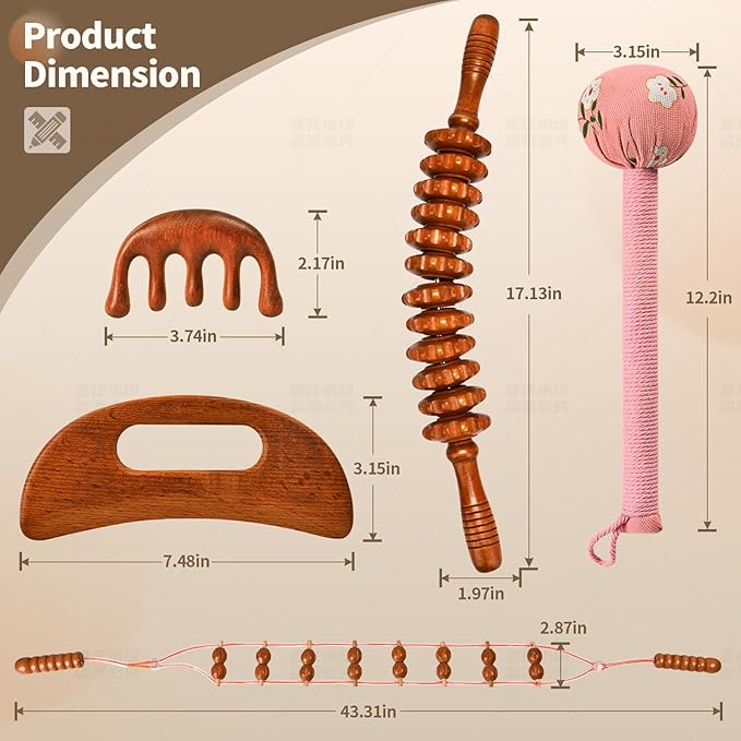 Wood Therapy Massage Tools 5-in-1 Lymphatic Drainage Massager for Muscle Pain Relief Maderoterapia Kit, Anti-Cellulite, Body Shaping&Contouring (set1)