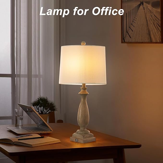 ππ-ππππ Rustic Table Lamp Set of 2 for Living Room, Vintage Farmhouse Bedside Lamp with USB Charging Port, 3 Way Dimmable Resin Nightstand Lamps with White Shade for Bedroom, End Table