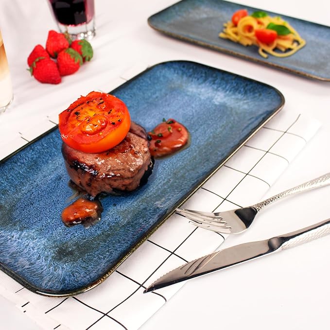 Porcelain Dinner Plates Blue 2 PCS, Serving platters for entertaining, for Fruit, cheese, snack, Bread, cupcake, Salad - Scratch Resistant durable, Microwave, Dishwasher Safe