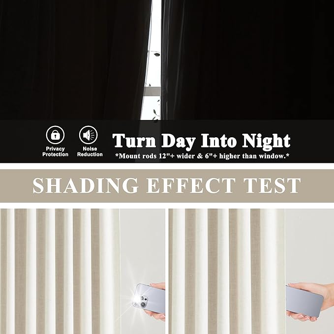Vision Home Natural Pinch Pleated Full Blackout Curtains Linen Blended Room Darkening Window Curtains 90 inch for Living Room Bedroom Thermal Insulated Pinch Pleat Drapes with Hooks 2 Panel 40"Wx90"L