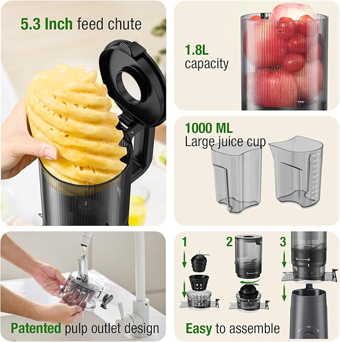 Juicer Machines, TUUMIIST Cold Press Juicer with 5.3" Extra Large Feed Chute Fit Whole Fruits & Vegetables Easy to Clean, High Juice Yield, BPA Free (Gun Grey)