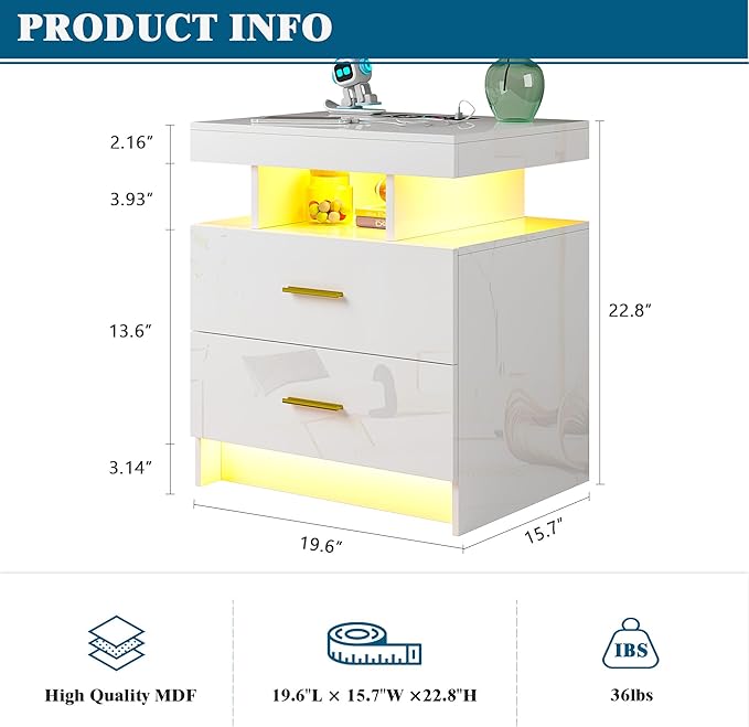 Night Stand with Light, High Gloss Nightstand with USB/Wireless Charging Station, LED White Nightstands with Storage Drawers, RGB Side End Table for Bedroom Furniture(White