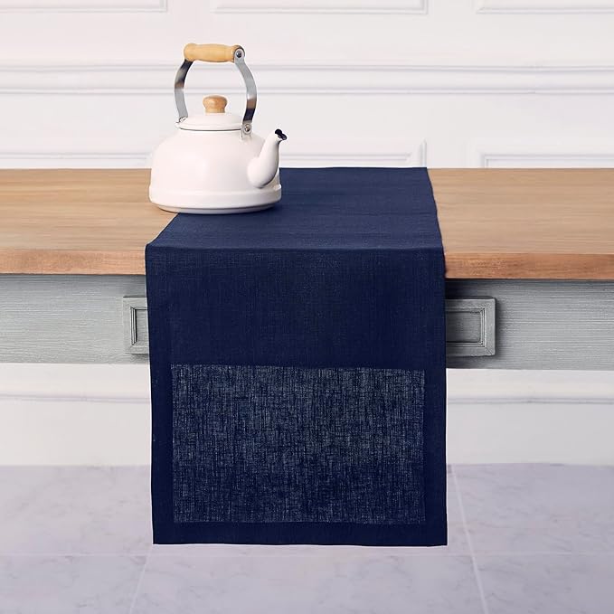 Solino Home Linen Navy Table Runner 144 Inches Long - 100% Pure Linen Extra Long Table Runner 14 x 144 Inch for Fall, Autumn, Thanksgiving - Fete