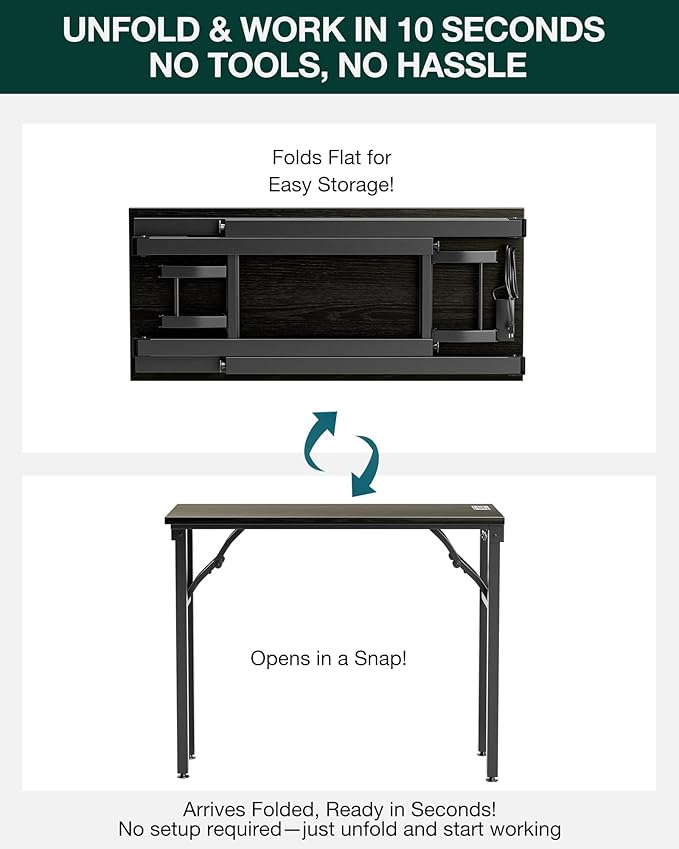 Frylr Small Folding Computer Desk β 35.8 Inch Portable Table for Craft and Study, Lightweight Desk for Small Spaces, Foldable Laptop Table Built-in AC/USB Outlets for Convenience, Dark Oak