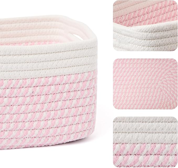 Small Storage Baskets for Organizing | Closet Organizer Bins | Shelf Toy Basket | Woven Rope Baskets | Cube Decorative Box | Shallow Basket | 13x8.5x5.1” | 4 Packs White Pink