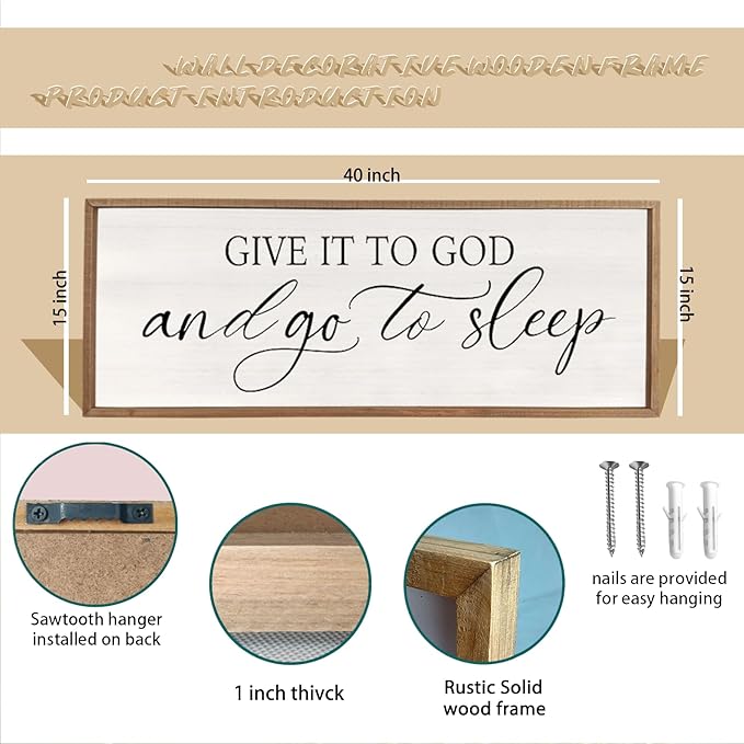 comurdyo Give It To God And Go to Sleep Sign 40''×15'' Master Bedroom Above Bed Wall Decor Wood Framed Couple Large Farmhouse Guest Room Rustic Simple Over Bedside Wall Art Hanging Decor (Wood)