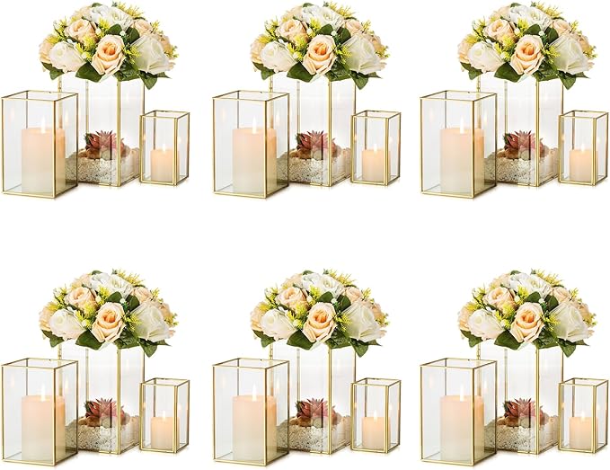 Glass Hurricane Candle Holder Large - Hewory 18pcs Gold Rectangle Flower Holders Centerpiece for Table, Tall Floor Square Pillar Candle Lantern for Wedding, Anniversary, Party, Fireplace, Dining Room