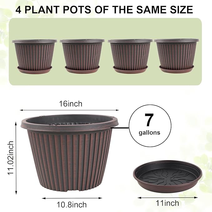 Large-Planter-Indoor-Outdoor Plant Pots, 16 inch 4 Pack Plastic Flower Pots with Saucer And Drainage Holes, Modern Garden Planters For Planting Medium Large Plants, Decorative Resin Garden Pots