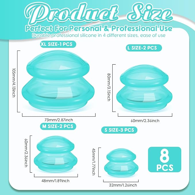 Nuanchu 8 Pcs 4 Sizes Cupping Therapy Set with Satin Bag Silicone Massage Cups Professional Cupping Therapy Vacuum Cup for Cellulite Joint Pain Muscle Pain(Clear Green)