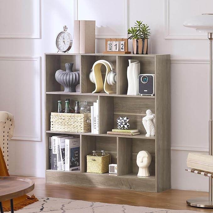 LEYAOYAO 8 Cube Bookshelf with Base,3 Tier Mid-Century Modern Grey Bookcase,Standing Wide Bookshelves Storage Organizer Shelf,Rustic Wood Display Cabinet Book Shelves for Bedroom,Living Room,Office