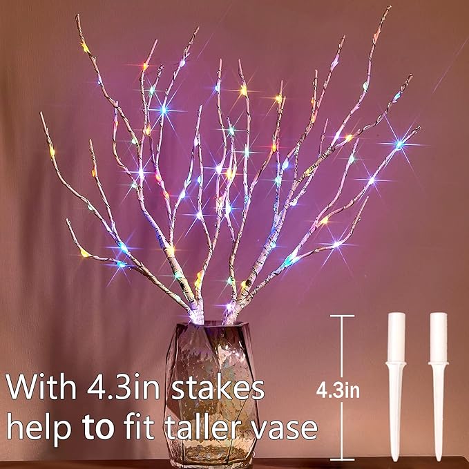 Birchlitland Lighted Birch Branches Battery Operated 18IN 70 LED 8 Function, White or Multiple Colors, Artificial Decorative Branch Lights for Home and Holiday Decoration Indoor Outdoor