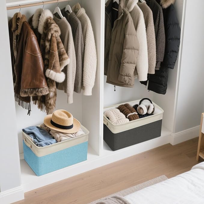 BALEINE 3 Pack Fabric Storage Bins for Shelves, Linen Storage Baskets for Organizing, Decorative Closet Bins for Clothes, Home (Green, 15''x11''x9.5'')