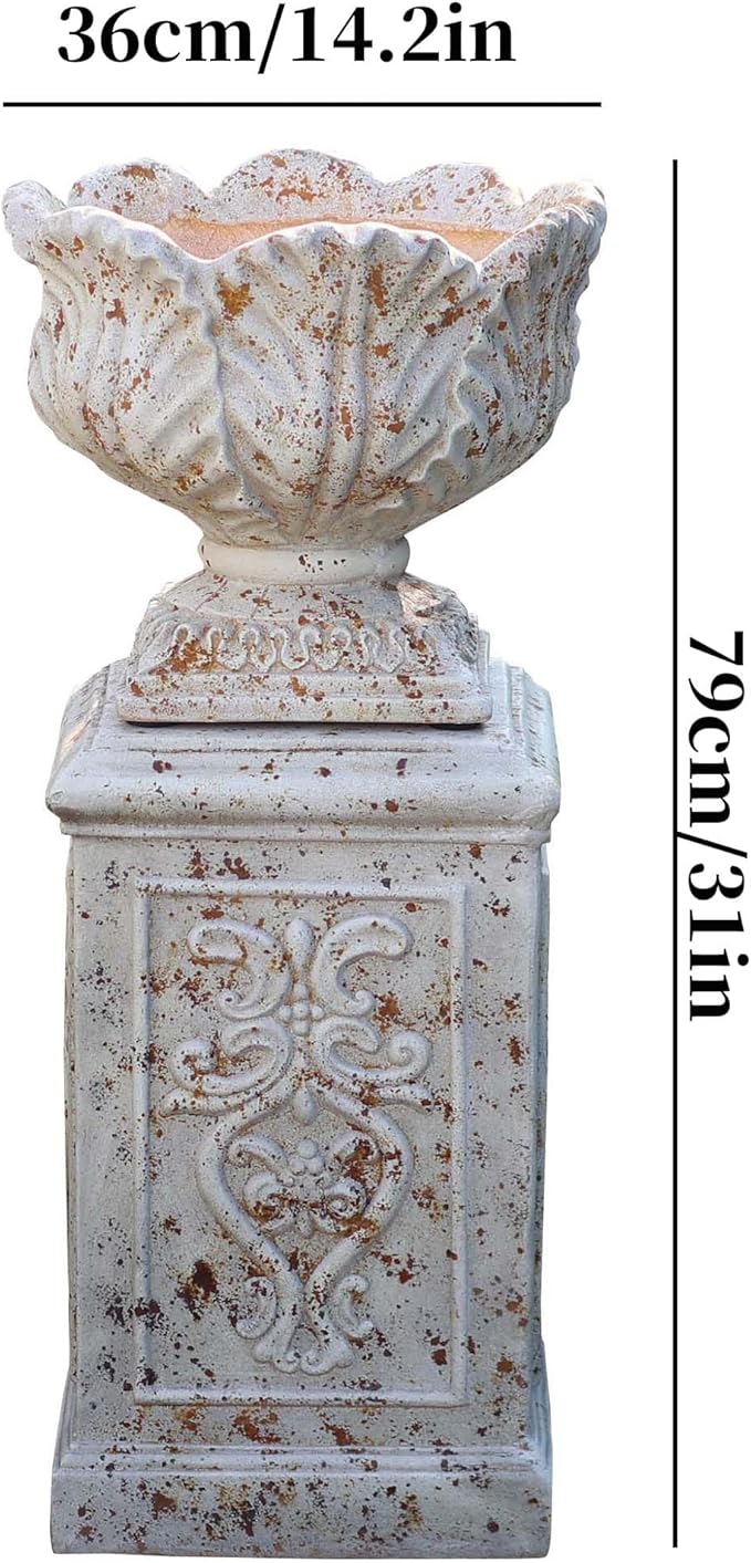 Vintage Garden Urn Planter with Pedestal, Cement and Fiber, Maked Antique, Decorative Leaf Pattern, 14.2x11.8 Inch Pot with 19.3 Inch Stand, Wrap Foam Safely Delivered from Local Warehouse (Antique)
